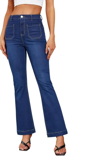 Genleck High Waisted Flare Jeans - Strech Front Patch Pockets Bell Bottom Jeans for Women Trendy Bootcut Denim Pants 2024