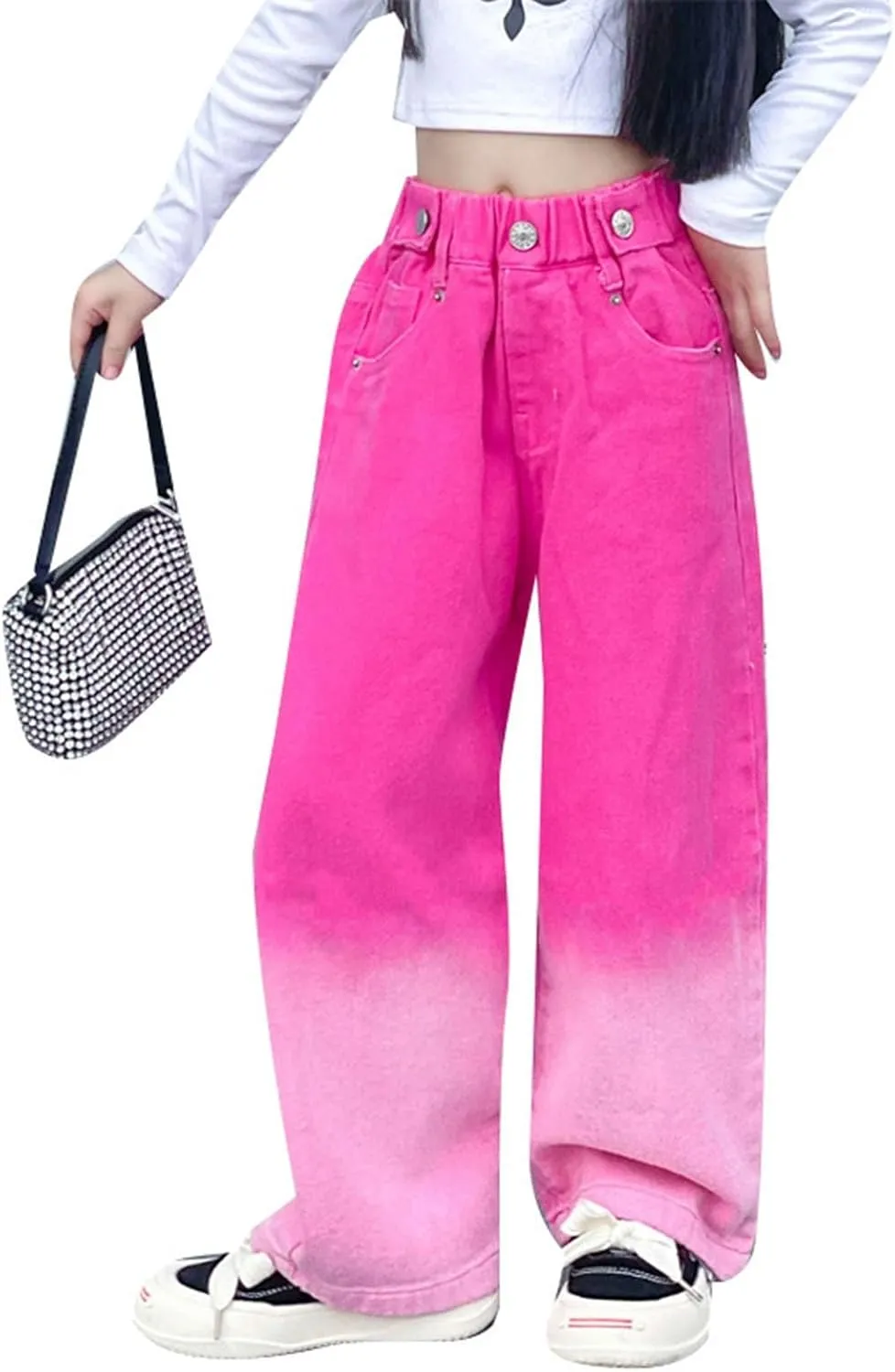Girl's High Waisted Solid Straight Leg Jeans Casual Loose Denim Pants, Girls Casual Wide Leg Jeans