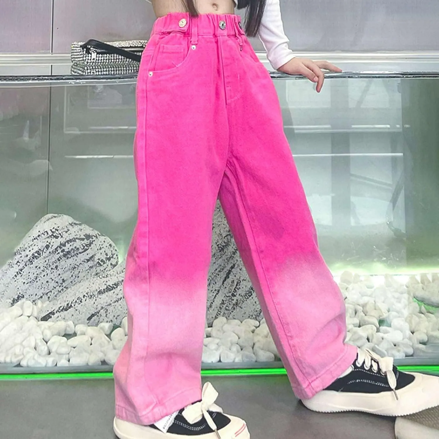 Girl's High Waisted Solid Straight Leg Jeans Casual Loose Denim Pants, Girls Casual Wide Leg Jeans