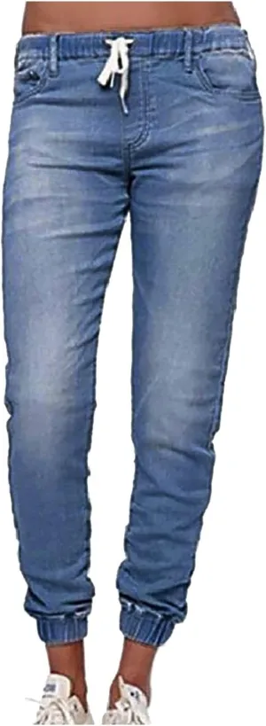 GOKKILRW Jeans Joggers for Women High Waisted Drawstring Elastic Waist Pull On Distressed Stretch Denim Pants Plus Size