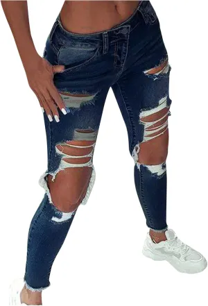 GOKKILRW Womens Juniors High Waisted Stretch Ripped Skinny Jeans Comfy Slim Fit Destroyed Butt Lifting Denim Pencil Pants