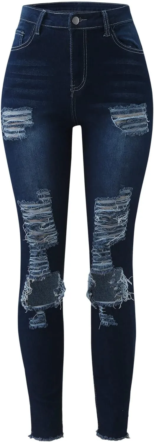GOKKILRW Womens Juniors High Waisted Stretch Ripped Skinny Jeans Comfy Slim Fit Destroyed Butt Lifting Denim Pencil Pants