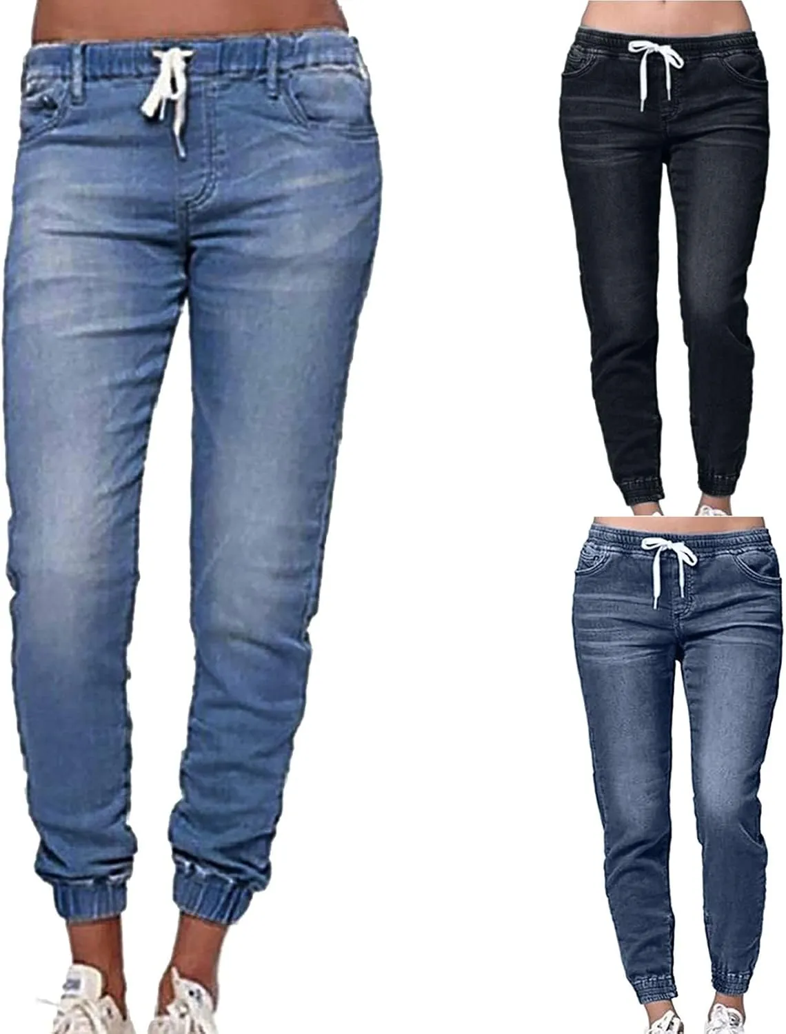 GOKKILRW Womens Pull On Distressed Denim Pants Elastic Waist Stretch Drawstring Pockets Workout Jogger Sweatpants Jeans Pants