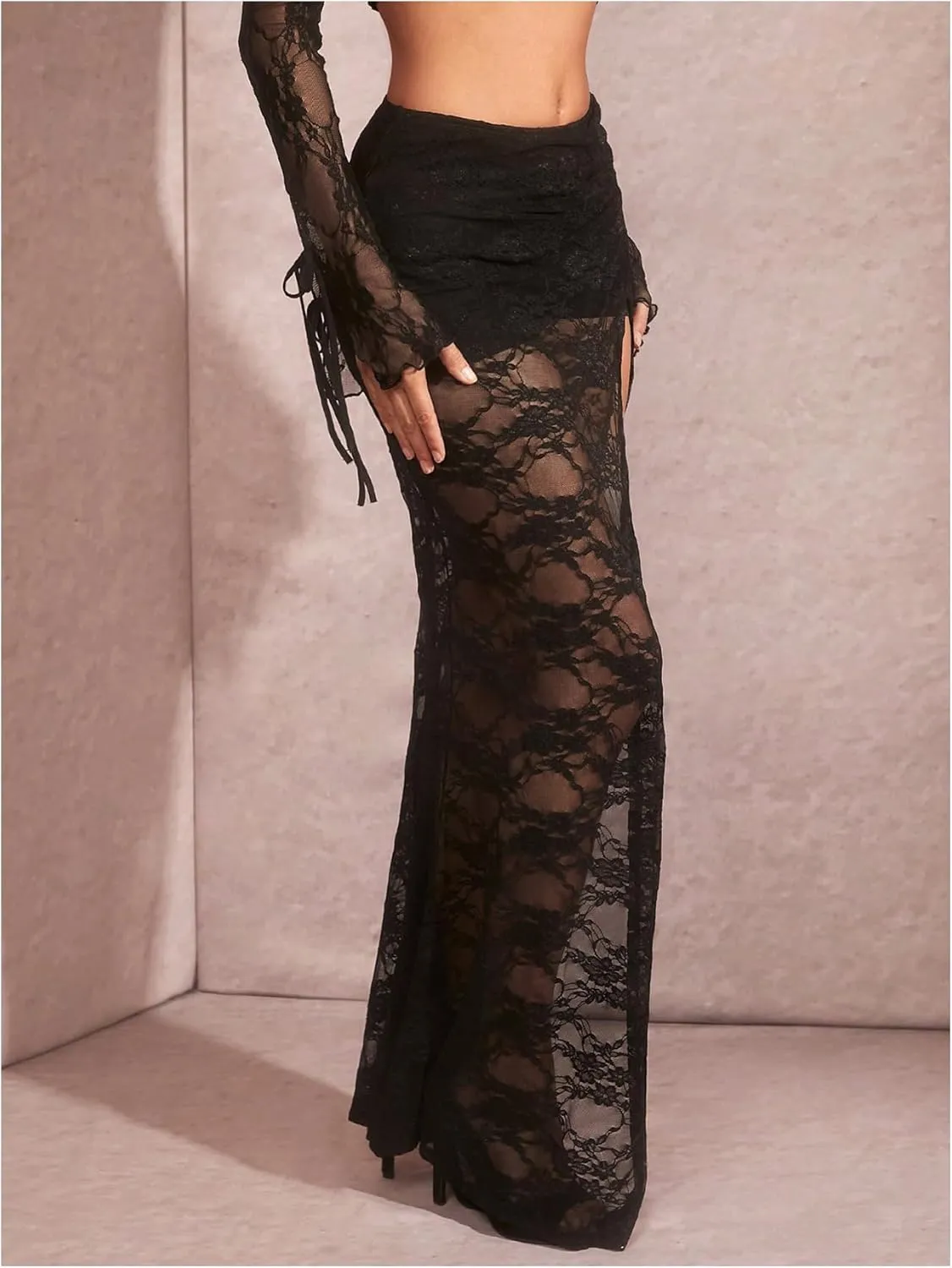 GORGLITTER Women's Sexy Lace High Slit Skirt Low Rise Waist See Through Maxi Skirts