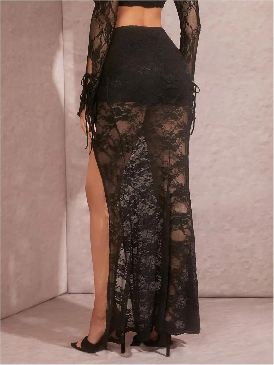 GORGLITTER Women's Sexy Lace High Slit Skirt Low Rise Waist See Through Maxi Skirts