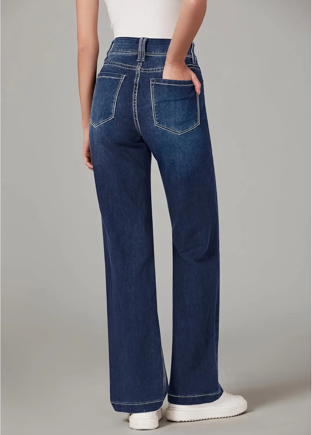 GRAPENT Wide Leg Jeans for Women Trendy High Waisted Flare Stretchy Denim Pants Baggy Dual Button Trouser Jeans Pockets