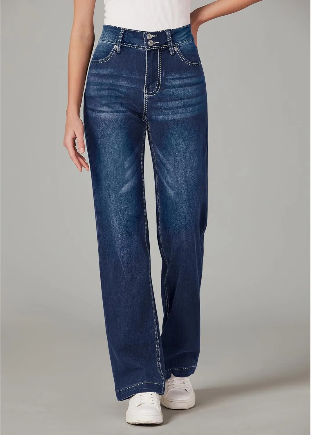 GRAPENT Wide Leg Jeans for Women Trendy High Waisted Flare Stretchy Denim Pants Baggy Dual Button Trouser Jeans Pockets