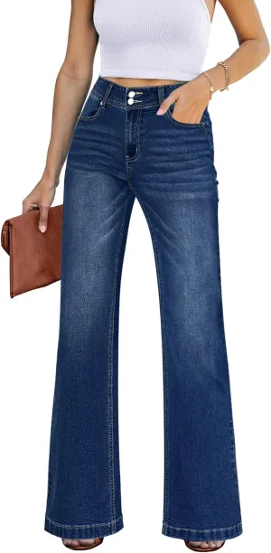 GRAPENT Wide Leg Jeans for Women Trendy High Waisted Flare Stretchy Denim Pants Baggy Dual Button Trouser Jeans Pockets