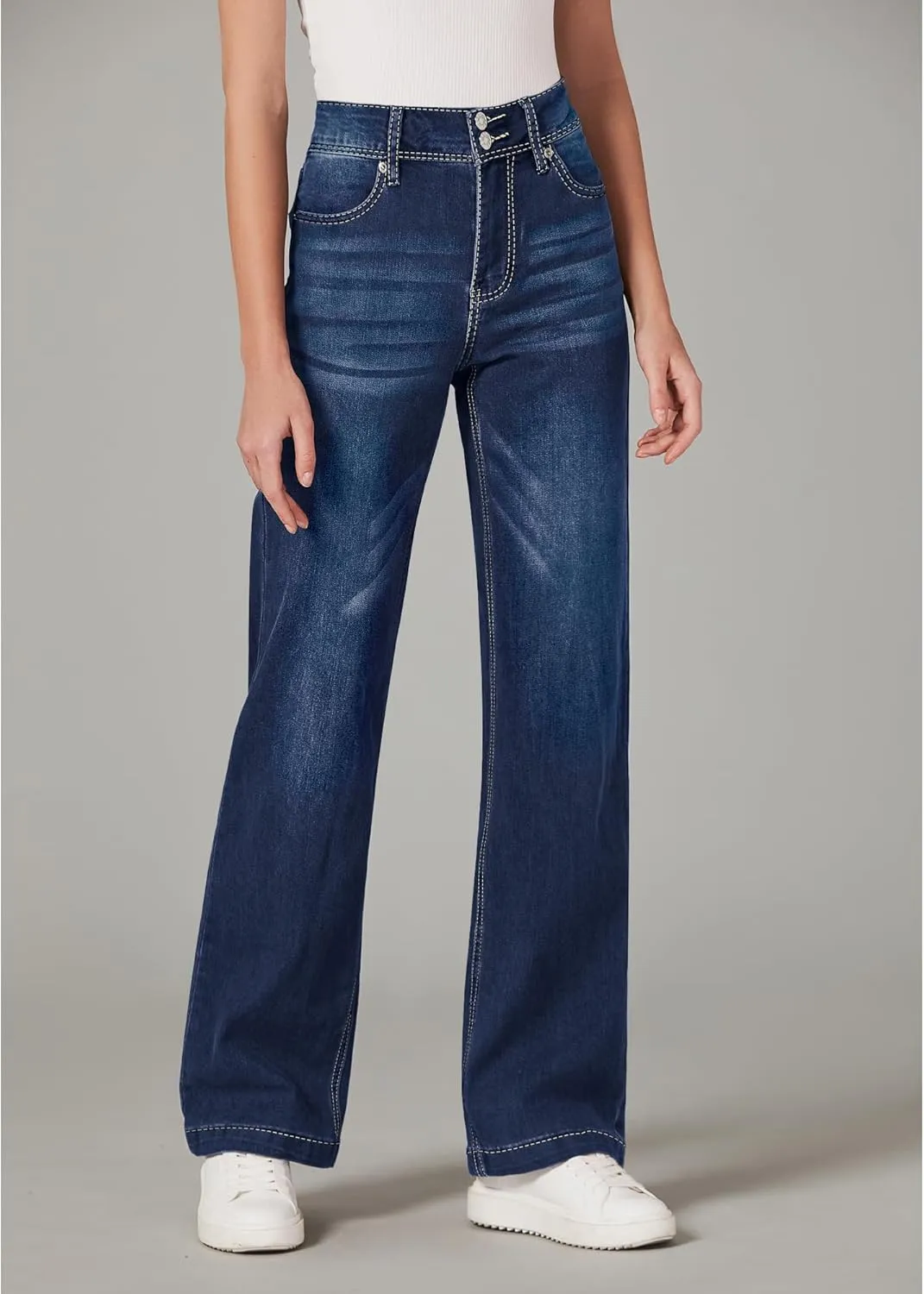 GRAPENT Wide Leg Jeans for Women Trendy High Waisted Flare Stretchy Denim Pants Baggy Dual Button Trouser Jeans Pockets