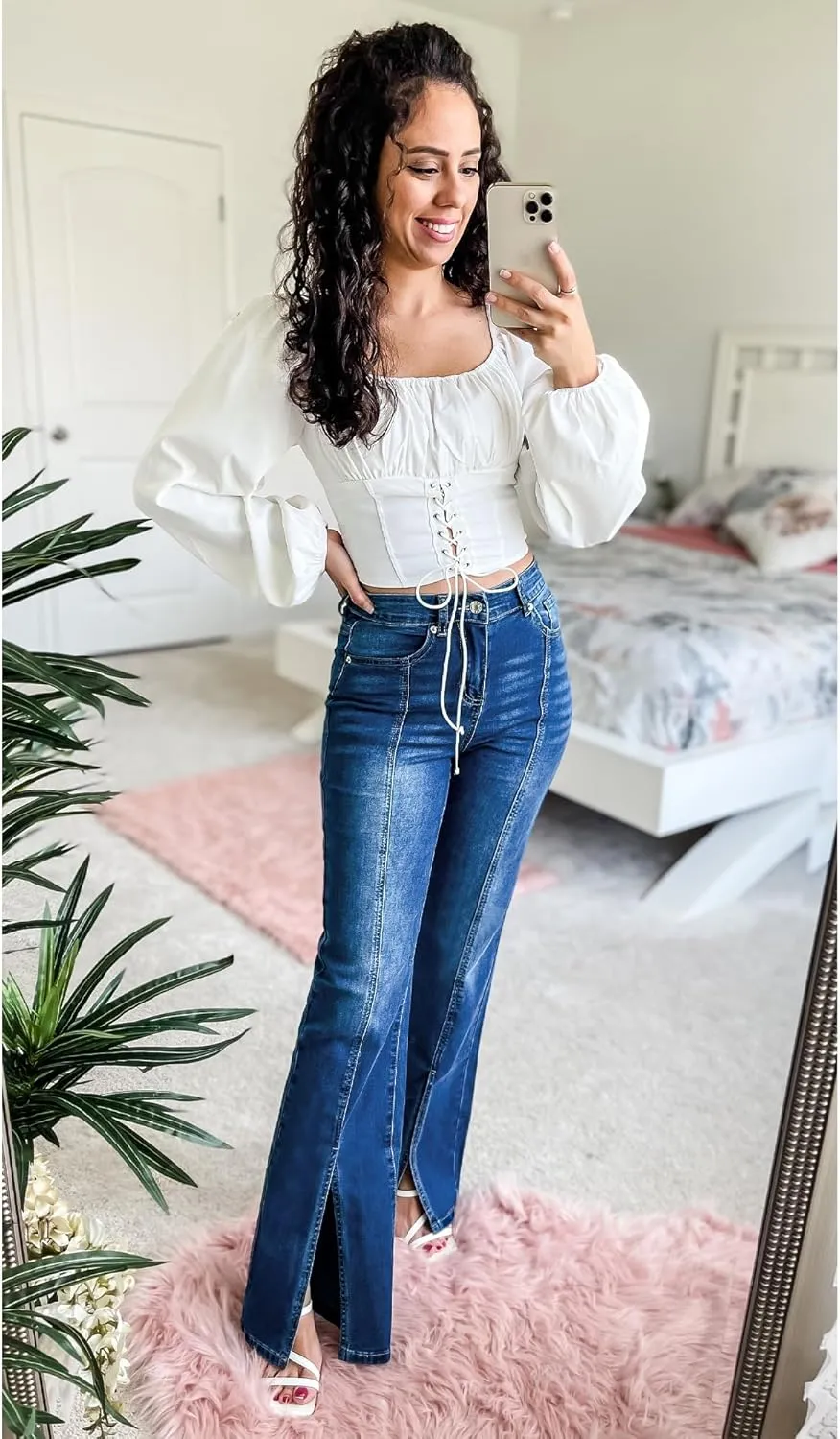 GRAPENT Womens Flare Jeans High Waisted Wide Leg Baggy Jean for Women Split Hem Stretch Denim Pants
