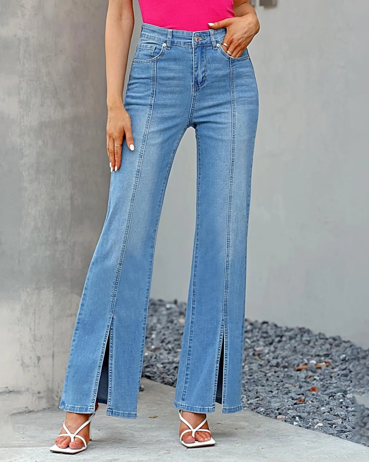 GRAPENT Womens Flare Jeans High Waisted Wide Leg Baggy Jean for Women Split Hem Stretch Denim Pants