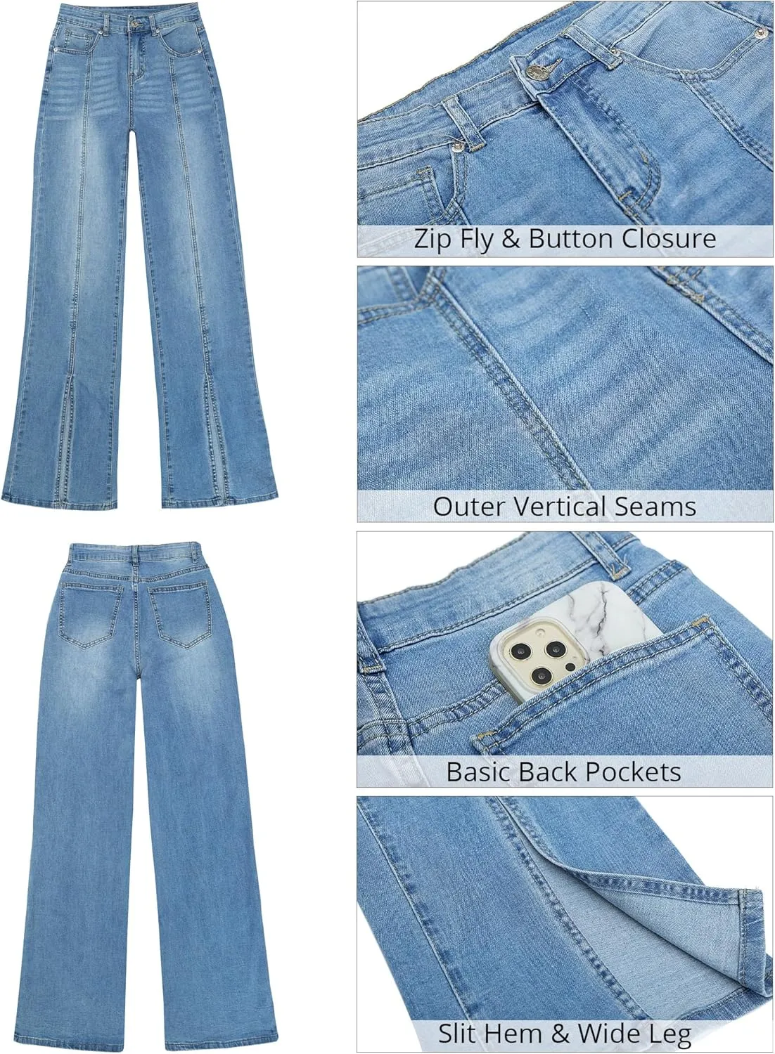GRAPENT Womens Flare Jeans High Waisted Wide Leg Baggy Jean for Women Split Hem Stretch Denim Pants