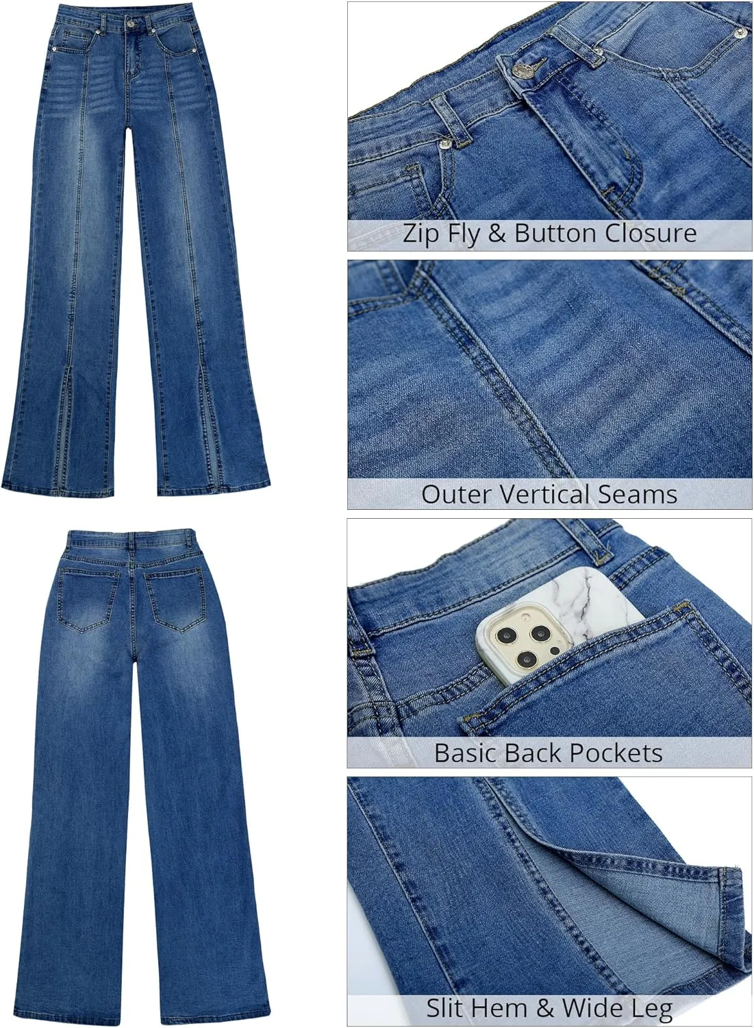 GRAPENT Womens Flare Jeans High Waisted Wide Leg Baggy Jean for Women Split Hem Stretch Denim Pants