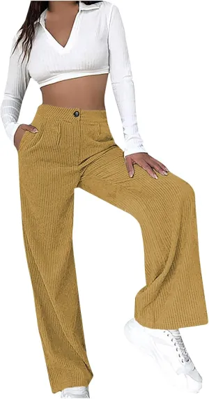 HGps8w Womens High Waist Corduroy Pants Y2K Straight Wide Leg Casual Workout Trousers with Pocket Teen Girls Baggy Streetwear