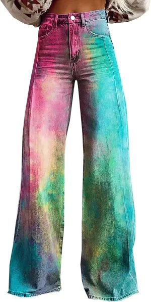 High Rise Flare Jeans for WomenWomen's Flare Wide Leg Jeans 2025 High Waisted Denim Vintage Floral Printed Pants Casual Colorful Straight Trouser