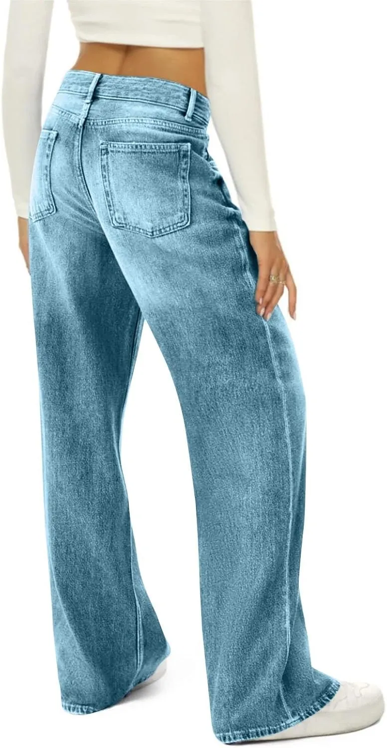 High Waisted Jeans Woman， Wide Leg Curvy Baggy Distressed Stretch Butt Lifting Jeans for Women.