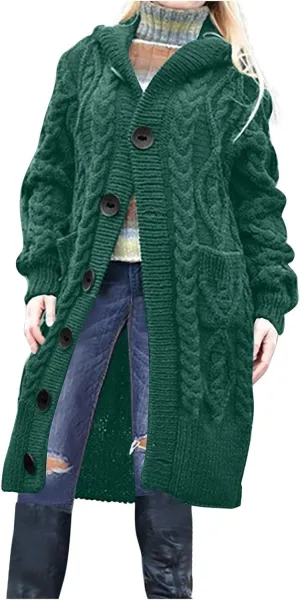 Hooded Cardigan Sweater for Women Fall Winter Cable Knit Sweater Coat Button Down Chunky Long Coats with Pocket