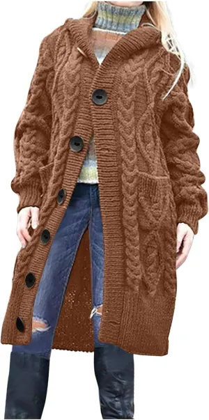 Hooded Cardigan Sweater for Women Fall Winter Cable Knit Sweater Coat Button Down Chunky Long Coats with Pocket