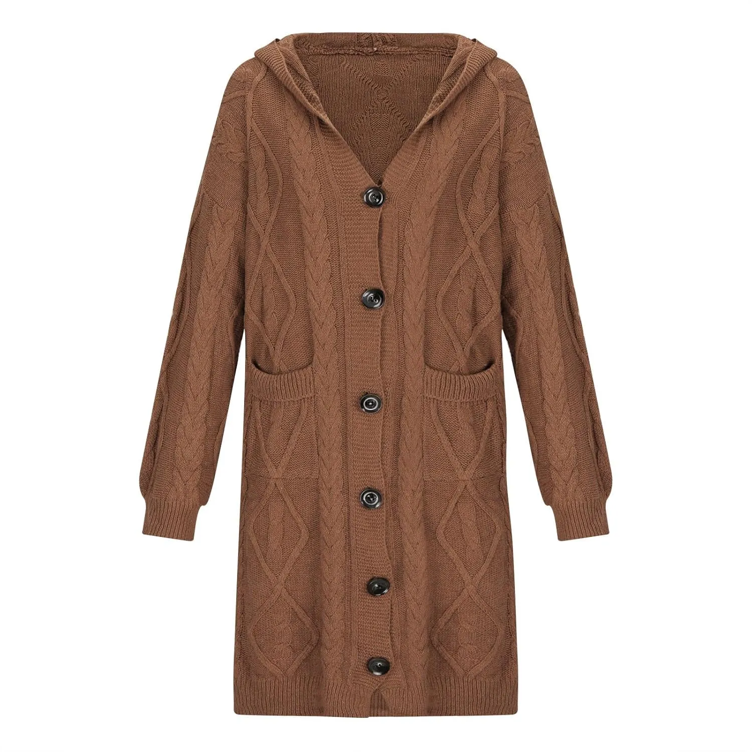Hooded Cardigan Sweater for Women Fall Winter Cable Knit Sweater Coat Button Down Chunky Long Coats with Pocket