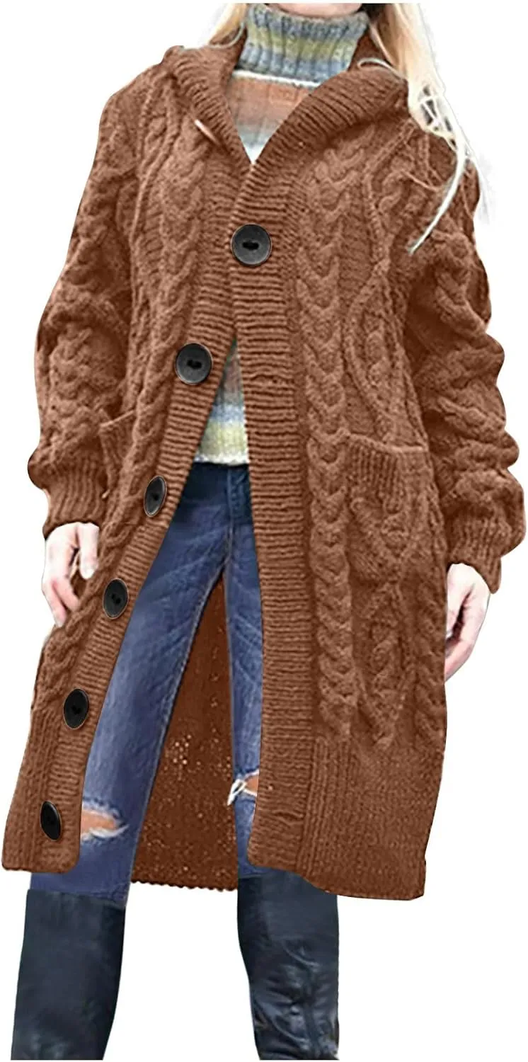 Hooded Cardigan Sweater for Women Fall Winter Cable Knit Sweater Coat Button Down Chunky Long Coats with Pocket