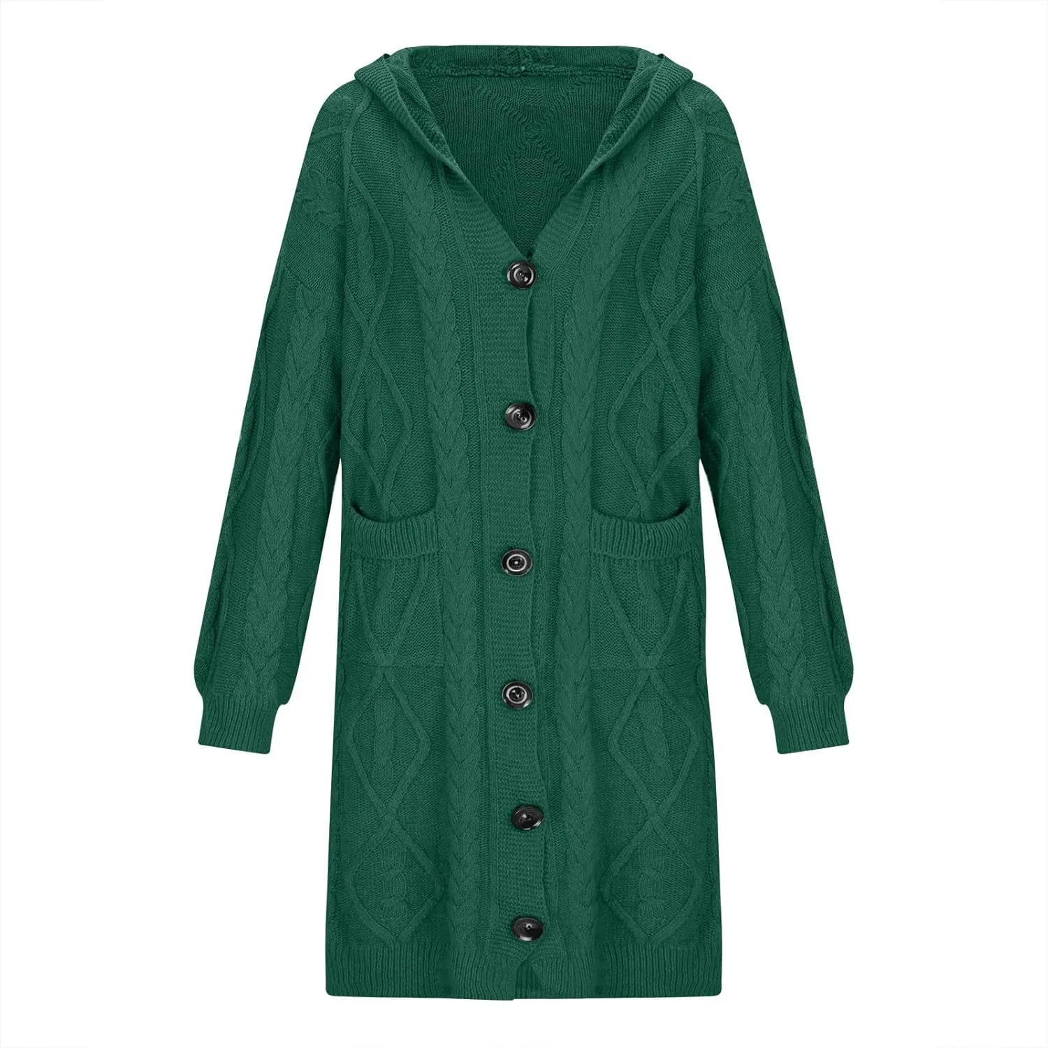 Hooded Cardigan Sweater for Women Fall Winter Cable Knit Sweater Coat Button Down Chunky Long Coats with Pocket