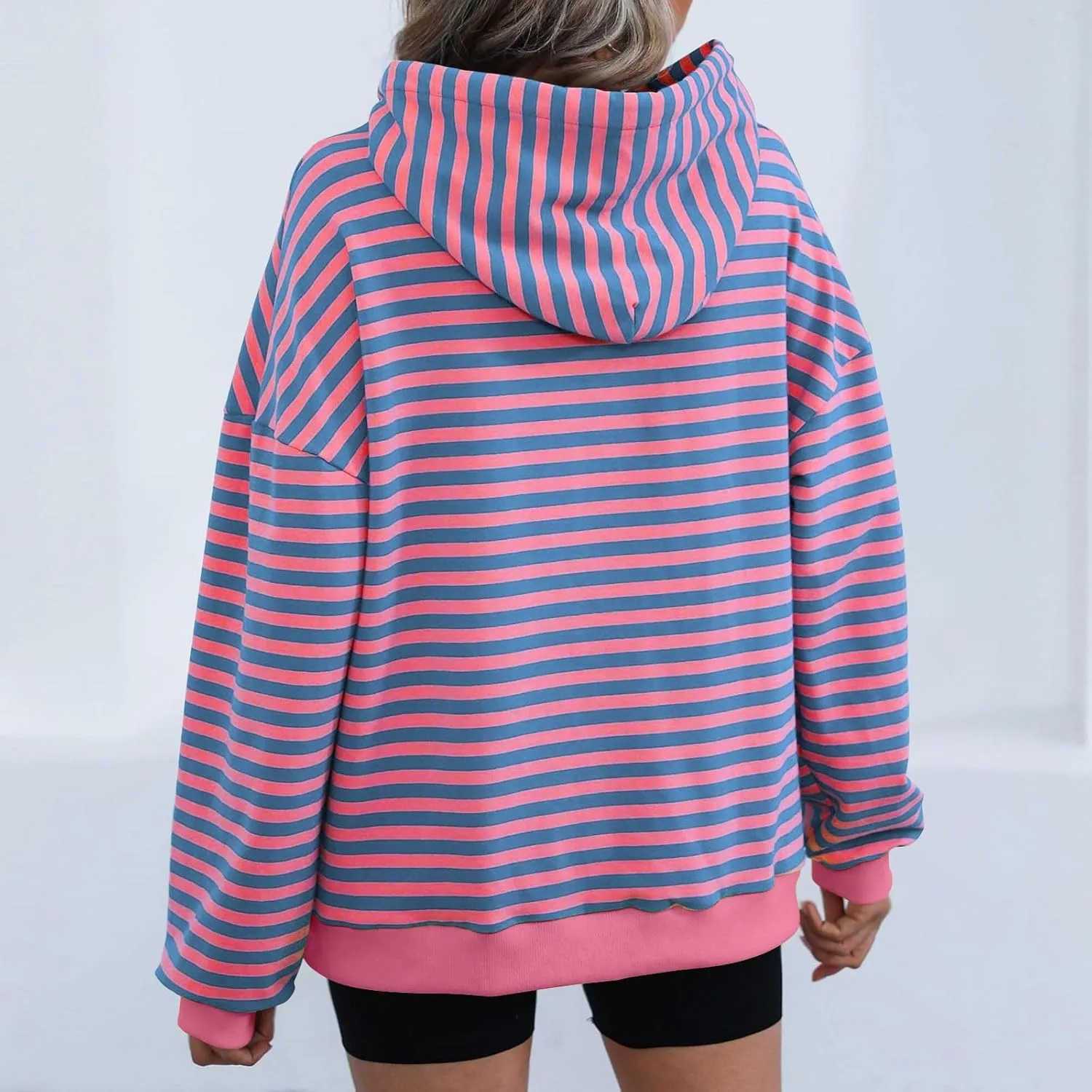 Hoodies for Women Striped Color Block Oversized Sweatshirt Drwastring Long Sleeve Fashion Pullover Sweater With Pocket
