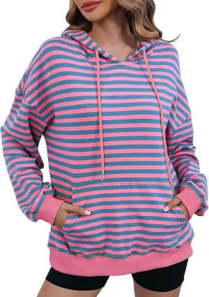 Hoodies for Women Striped Color Block Oversized Sweatshirt Drwastring Long Sleeve Fashion Pullover Sweater With Pocket