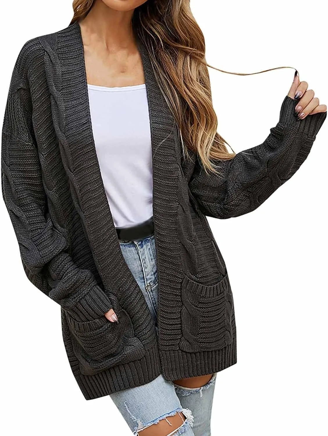 HXHYQKP Chunky Knit Cardigans for Women Cable Knit Long Sleeve Open Front Cardigan Cardigan Sweaters Cover Up
