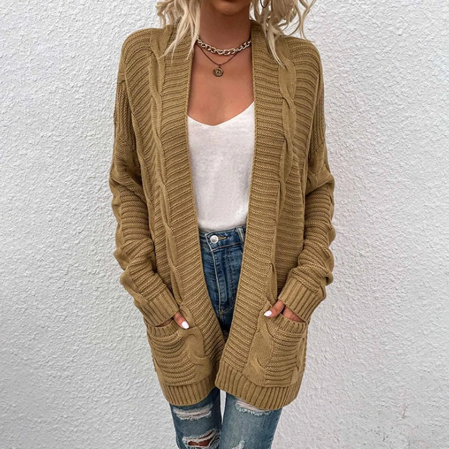 HXHYQKP Chunky Knit Cardigans for Women Cable Knit Long Sleeve Open Front Cardigan Cardigan Sweaters Cover Up