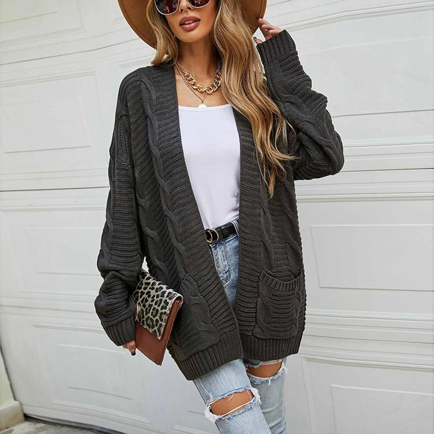 HXHYQKP Chunky Knit Cardigans for Women Cable Knit Long Sleeve Open Front Cardigan Cardigan Sweaters Cover Up