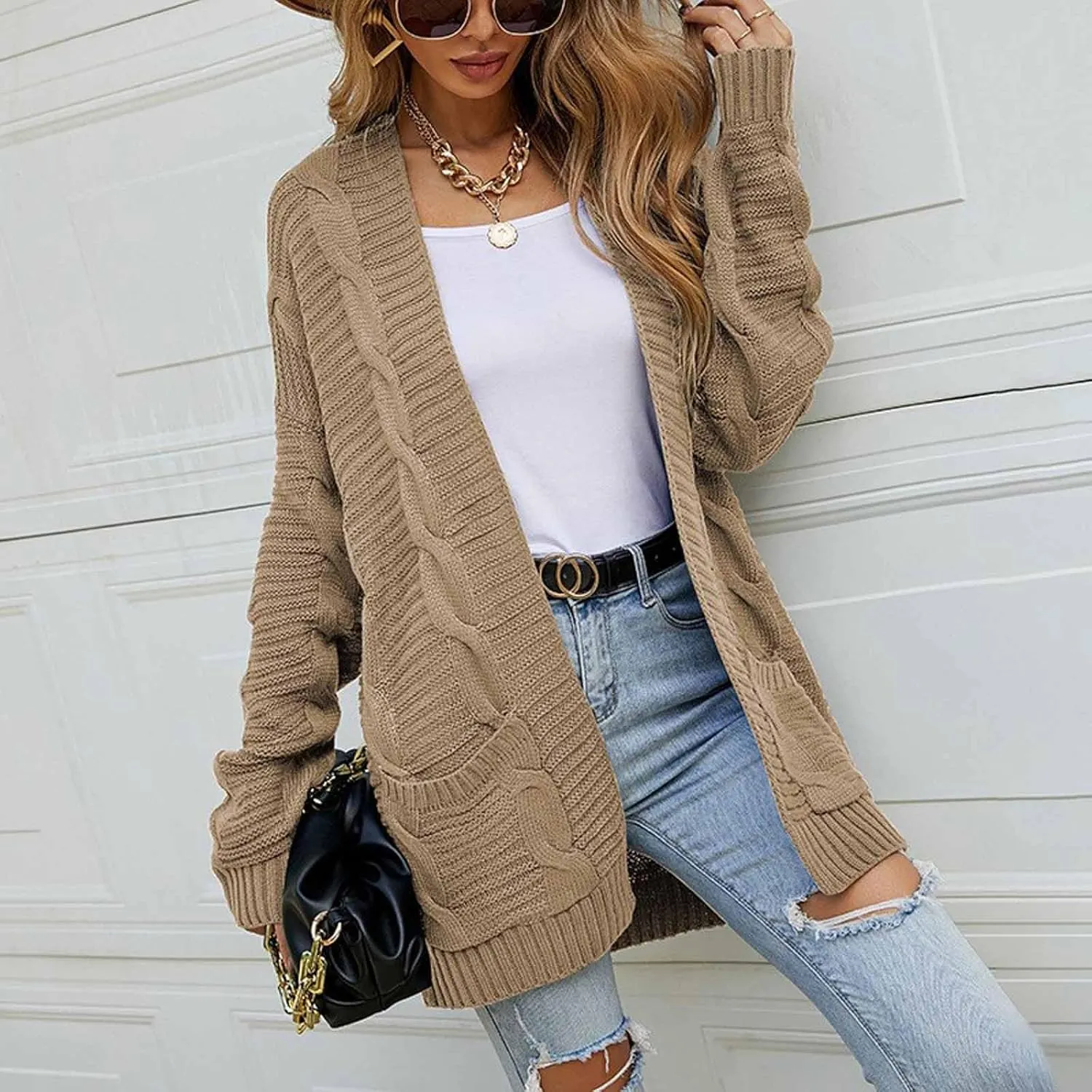 HXHYQKP Chunky Knit Cardigans for Women Cable Knit Long Sleeve Open Front Cardigan Cardigan Sweaters Cover Up