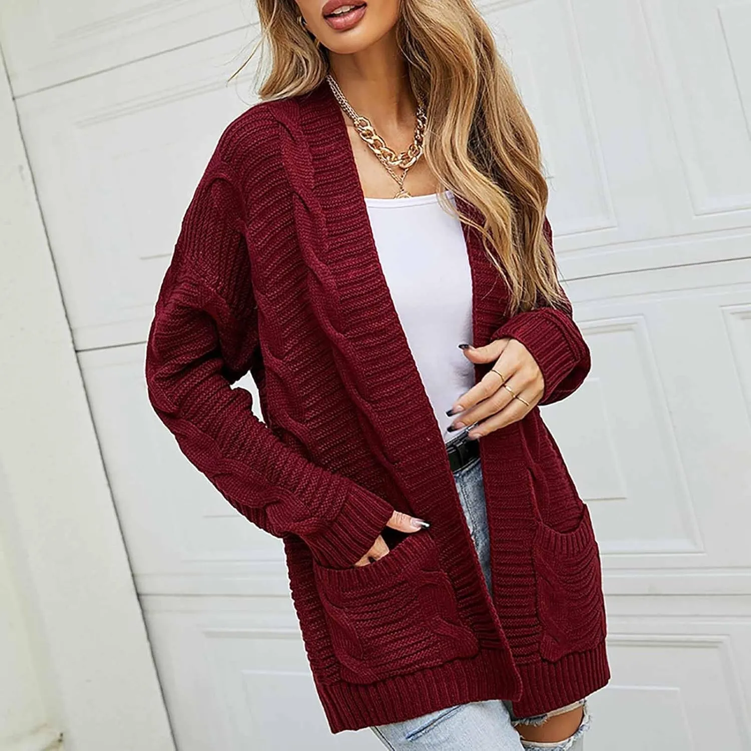HXHYQKP Chunky Knit Cardigans for Women Cable Knit Long Sleeve Open Front Cardigan Cardigan Sweaters Cover Up