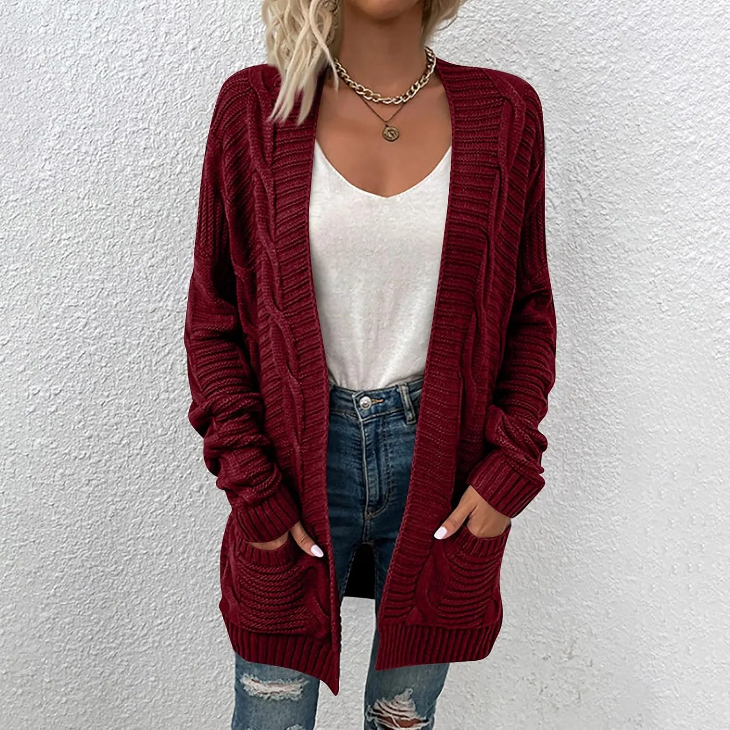 HXHYQKP Chunky Knit Cardigans for Women Cable Knit Long Sleeve Open Front Cardigan Cardigan Sweaters Cover Up