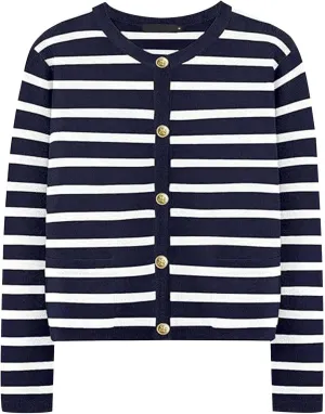 iLH Cardigan Sweaters for Women 2024 Fall Dressy Elegant Button Down Knitted Tops Casual Striped Color Block Shirt