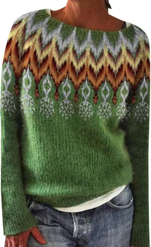 iLH Fair Isle Knitted Sweaters for Women Vintage Long Sleeve Crewneck Sweater Oversize Pullover Tops for Fall Winter