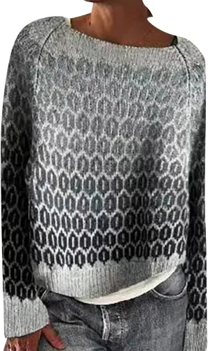 iLH Fair Isle Knitted Sweaters for Women Vintage Long Sleeve Crewneck Sweater Oversize Pullover Tops for Fall Winter