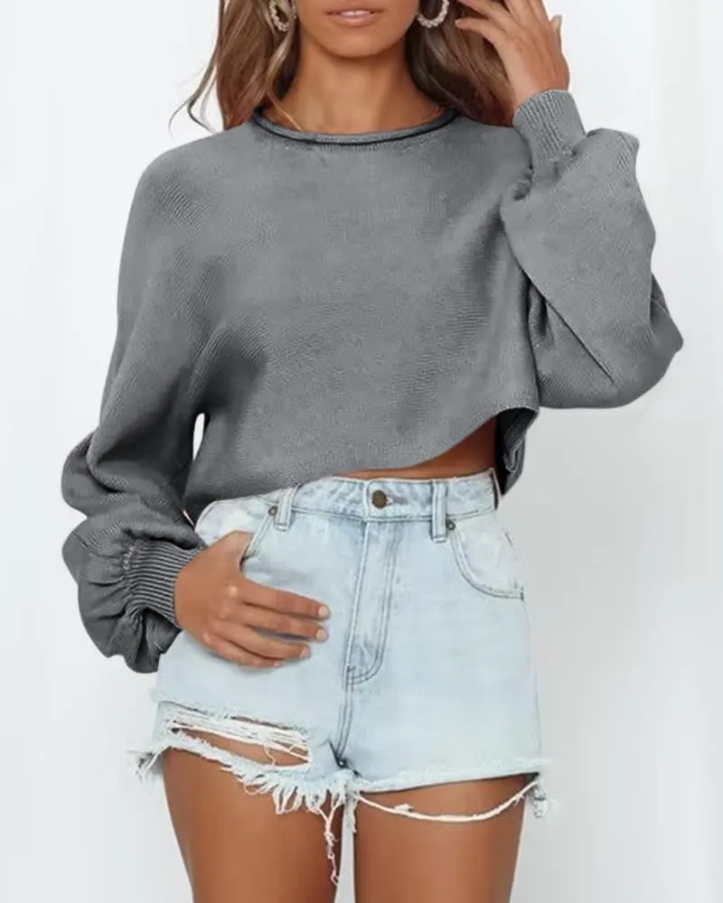 Imily Bela Cropped Sweaters for Women Lantern Long Sleeve Crop Top Slouchy Trendy Loose Crewneck Pullover Sweater