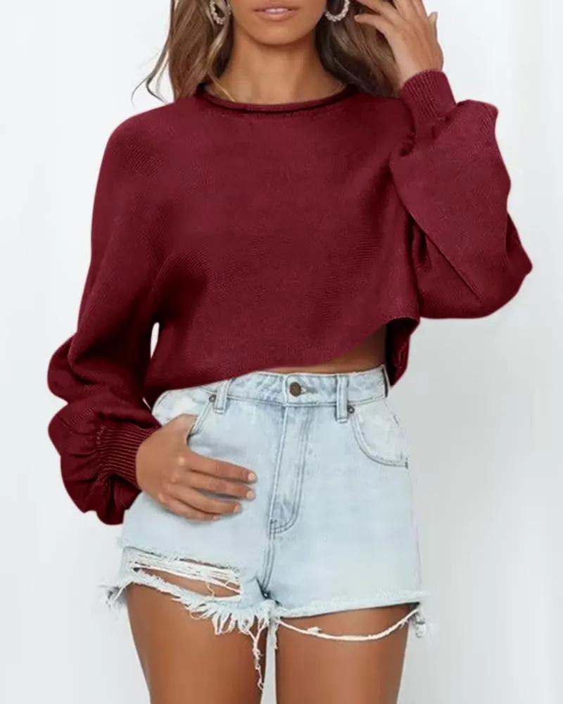 Imily Bela Cropped Sweaters for Women Lantern Long Sleeve Crop Top Slouchy Trendy Loose Crewneck Pullover Sweater
