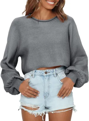 Imily Bela Cropped Sweaters for Women Lantern Long Sleeve Crop Top Slouchy Trendy Loose Crewneck Pullover Sweater