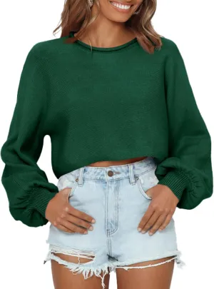 Imily Bela Cropped Sweaters for Women Lantern Long Sleeve Crop Top Slouchy Trendy Loose Crewneck Pullover Sweater
