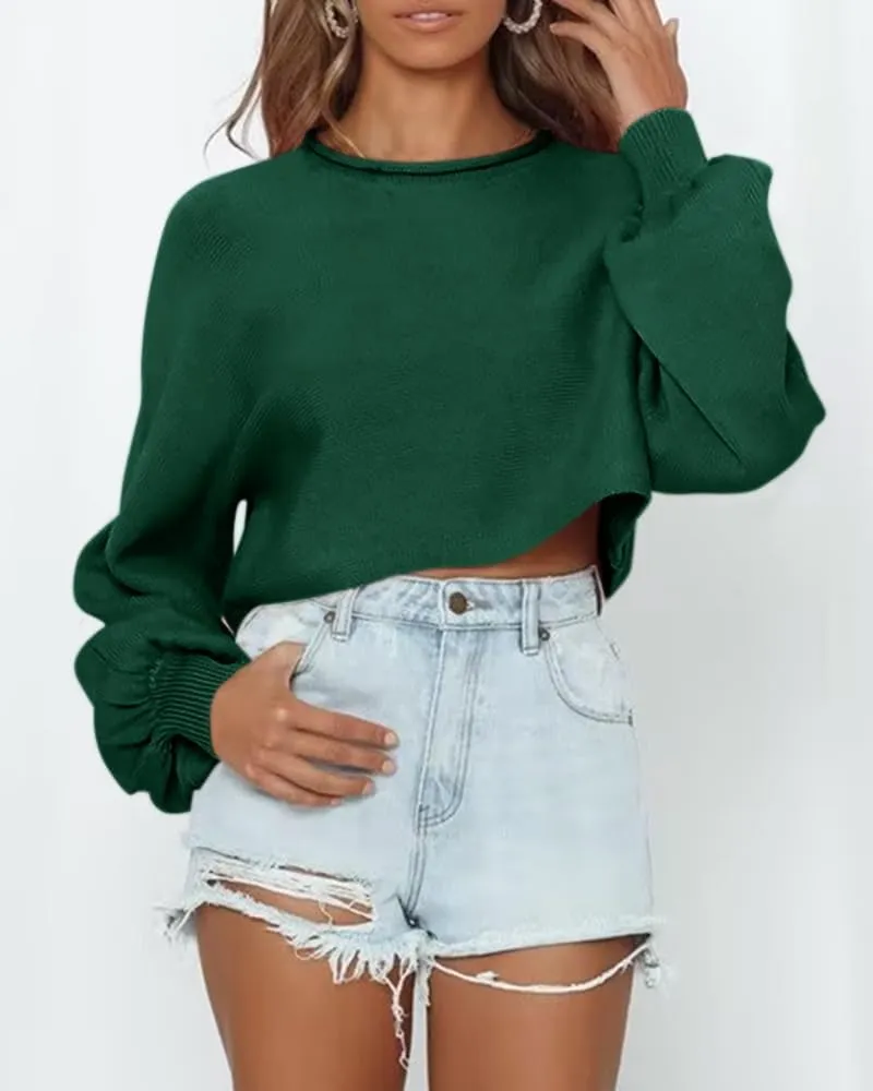 Imily Bela Cropped Sweaters for Women Lantern Long Sleeve Crop Top Slouchy Trendy Loose Crewneck Pullover Sweater