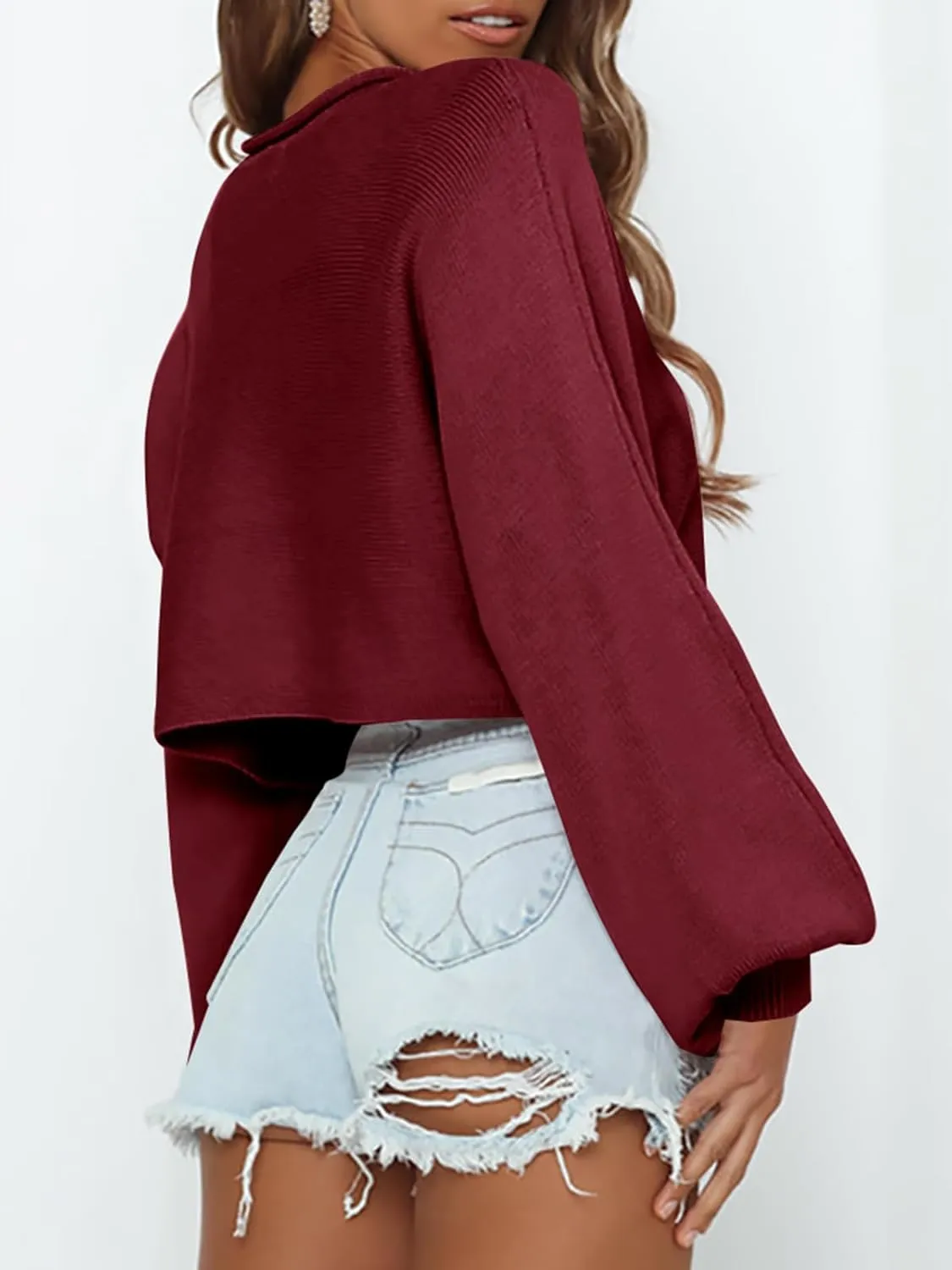 Imily Bela Cropped Sweaters for Women Lantern Long Sleeve Crop Top Slouchy Trendy Loose Crewneck Pullover Sweater