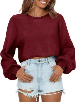 Imily Bela Cropped Sweaters for Women Lantern Long Sleeve Crop Top Slouchy Trendy Loose Crewneck Pullover Sweater