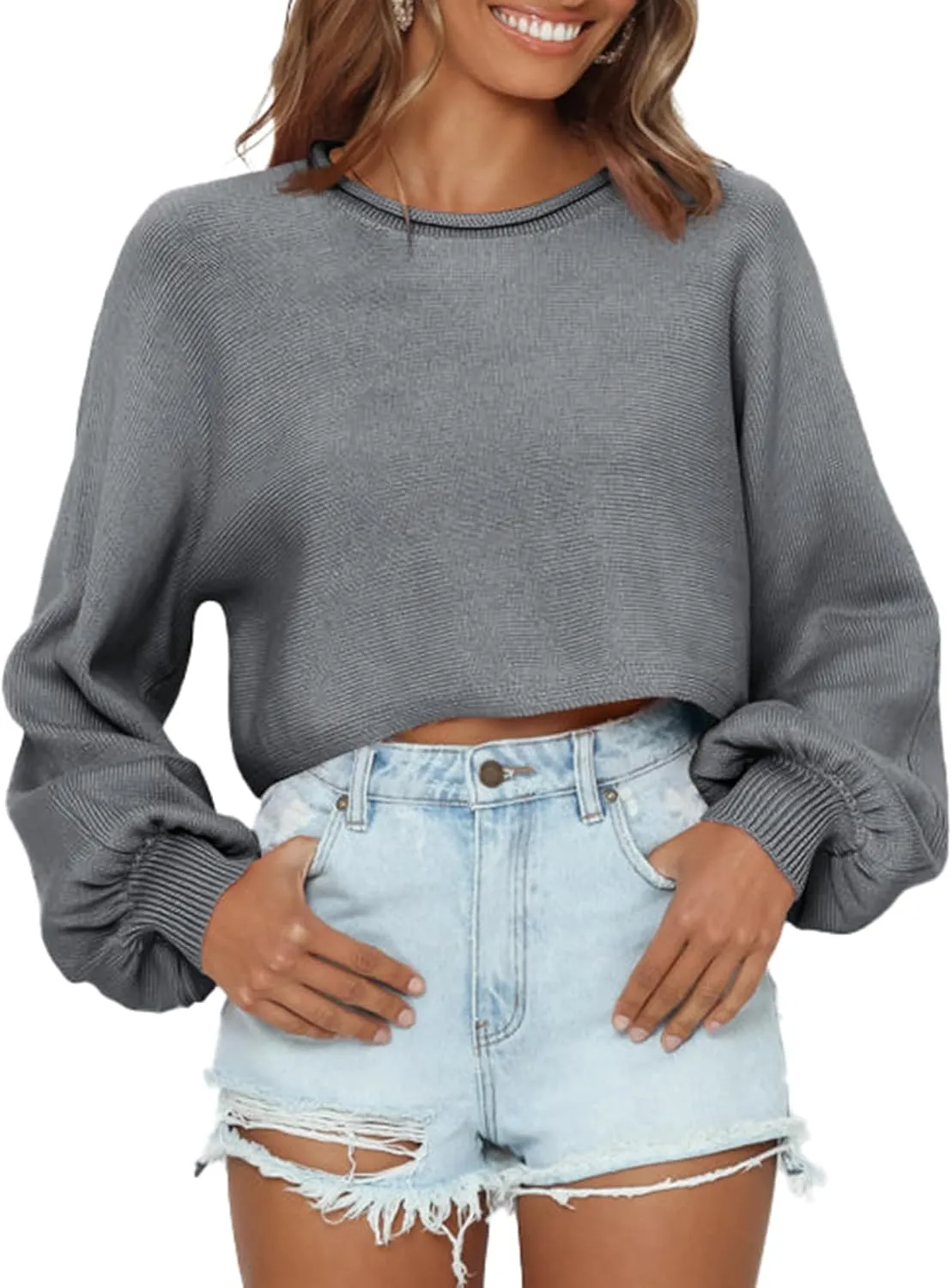 Imily Bela Cropped Sweaters for Women Lantern Long Sleeve Crop Top Slouchy Trendy Loose Crewneck Pullover Sweater