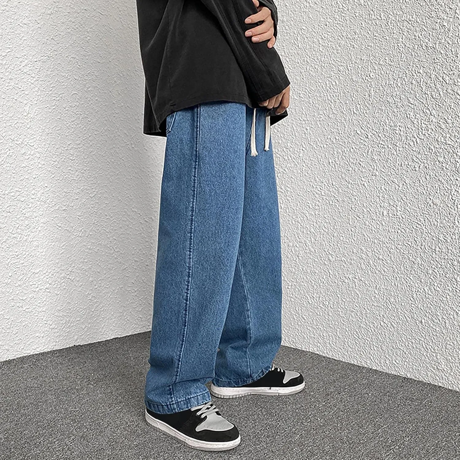 Jeans for Men Relaxed Fit Trousers Pure Colour Jean with Zipper Pocket Jean Trouser Solid Fashion Loose Wide Men's