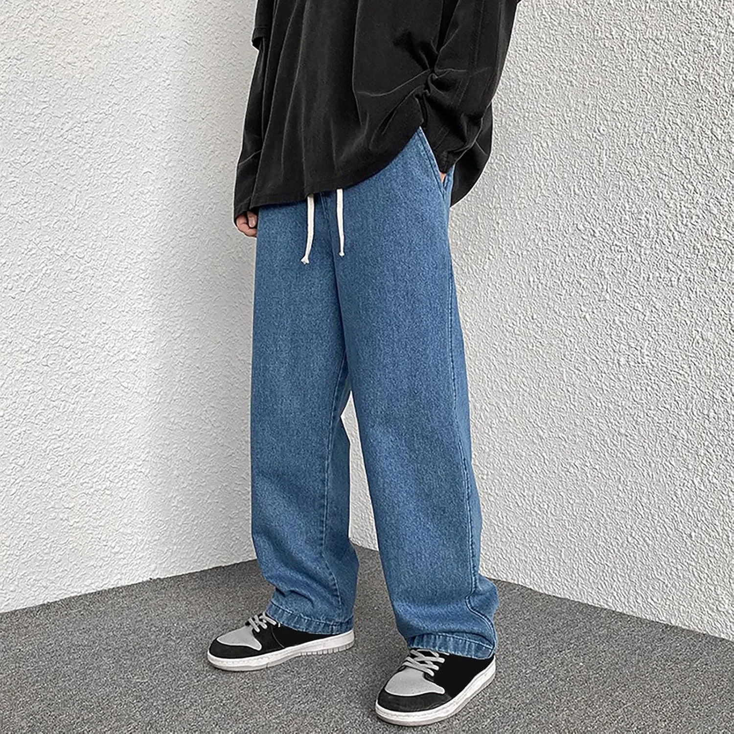 Jeans for Men Relaxed Fit Trousers Pure Colour Jean with Zipper Pocket Jean Trouser Solid Fashion Loose Wide Men's