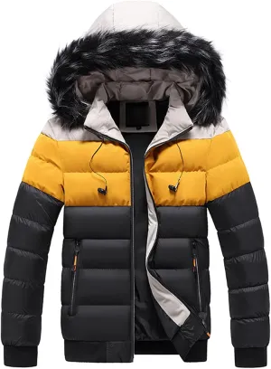 JEsilunmaMY Men's Color Block Fur Hood Parka Slim Fit Warm Thicken Puffer Jacket Casual Windproof Winter Ski Down Coat