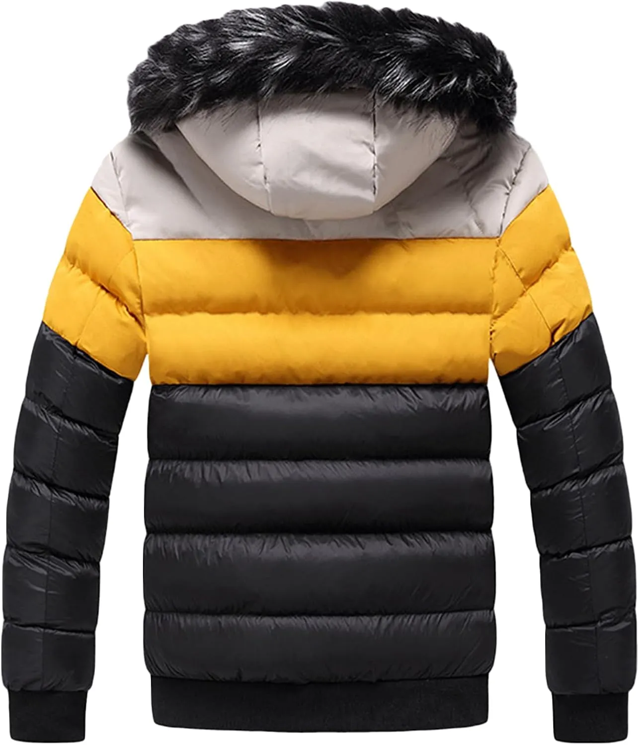 JEsilunmaMY Men's Color Block Fur Hood Parka Slim Fit Warm Thicken Puffer Jacket Casual Windproof Winter Ski Down Coat