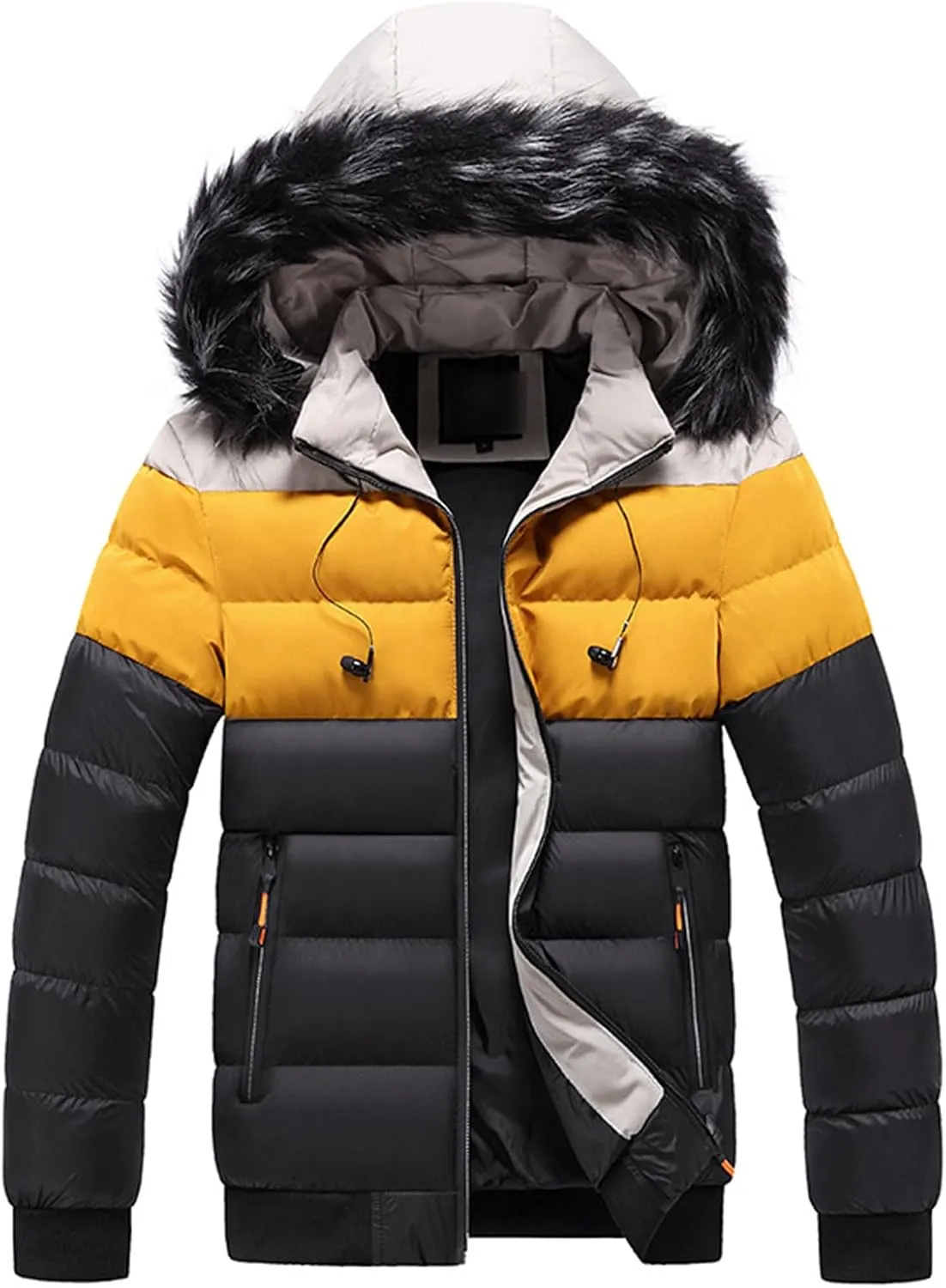 JEsilunmaMY Men's Color Block Fur Hood Parka Slim Fit Warm Thicken Puffer Jacket Casual Windproof Winter Ski Down Coat
