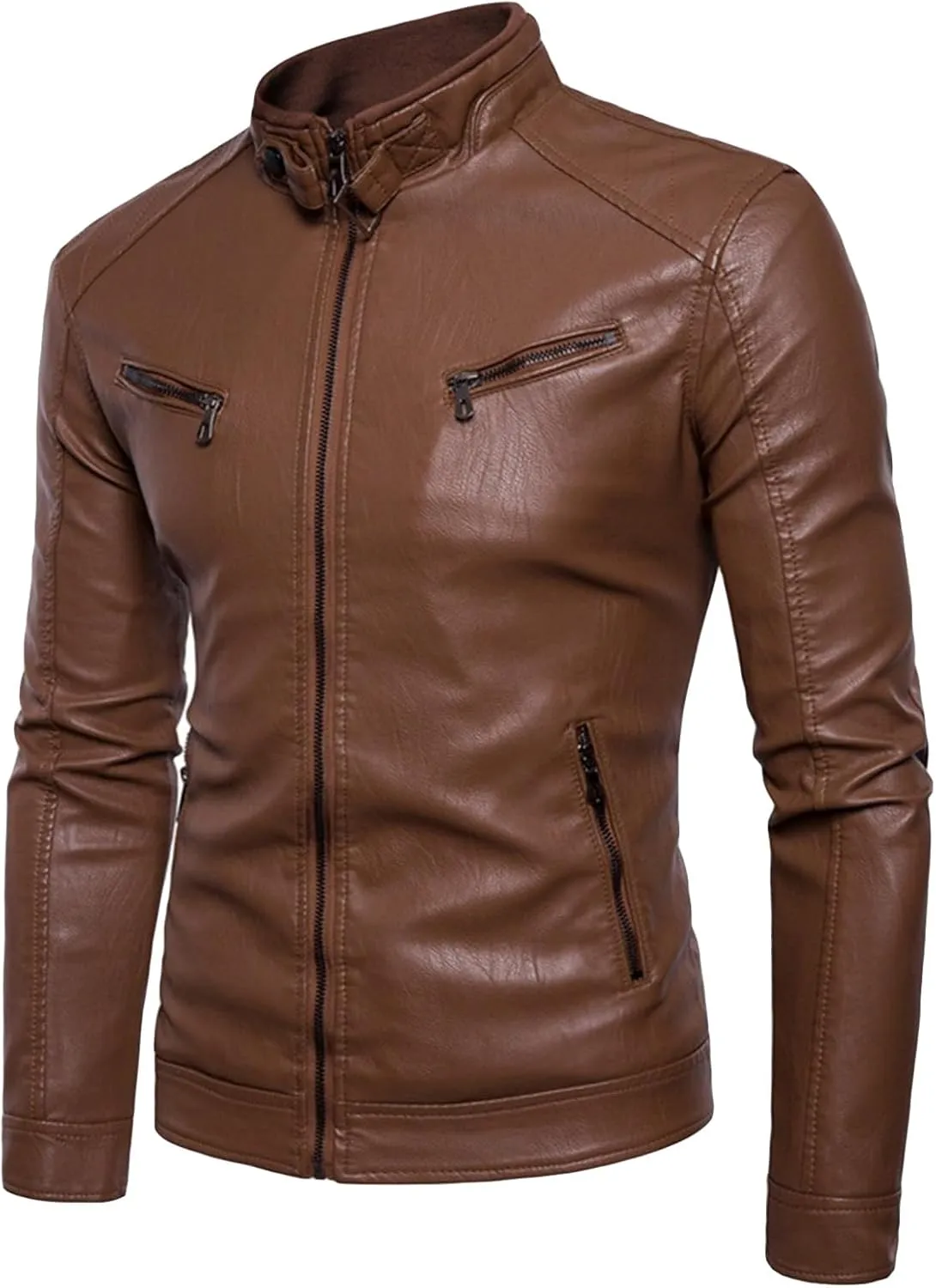 JEsilunmaMY Men's Stand Collar Sherpa Leather Jacket Fleece Lined Slim Motorcycle Biker Coat Fall Winter Bomber Retro Outwear